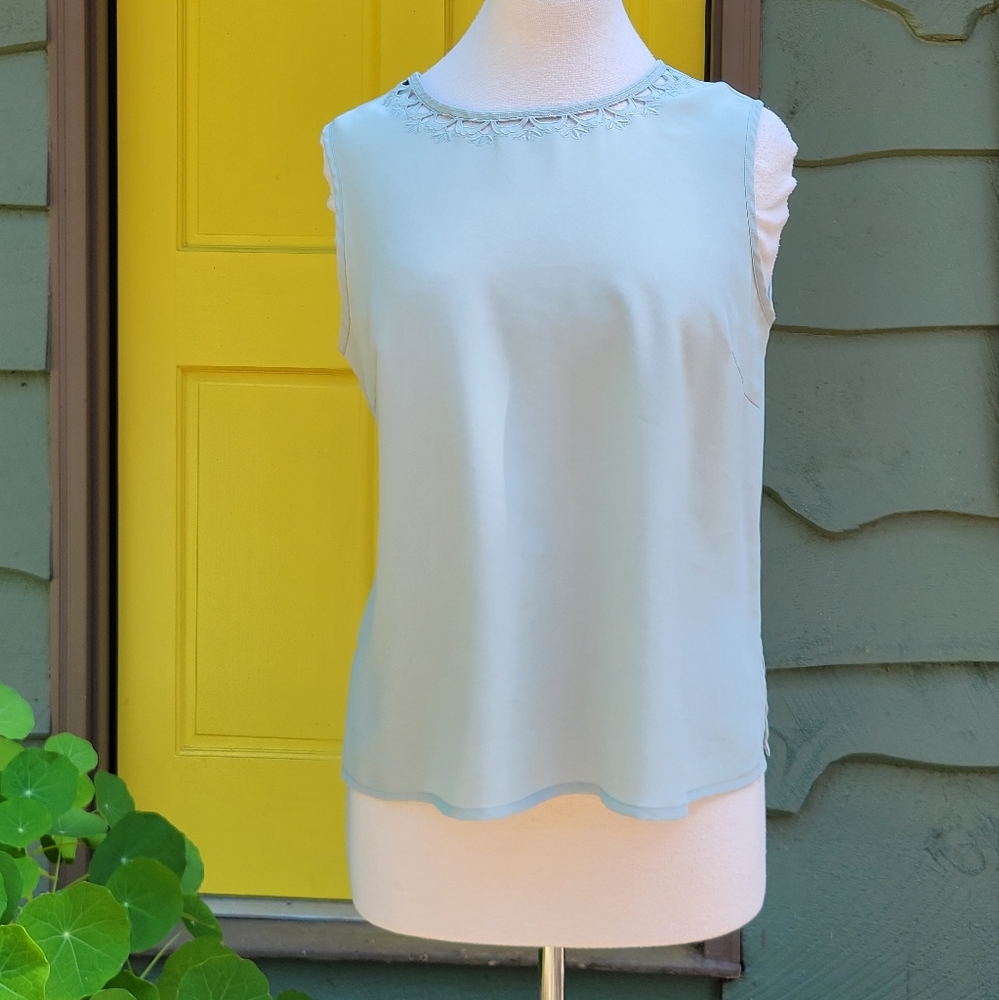 Laura Scott Dusty Sage Blouse – M | Pastel Eyelet-Inspired Elegance